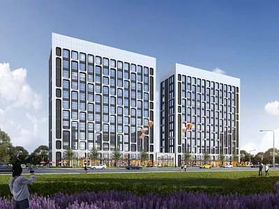 Modern High Rise Residential Buildings Exterior With Green Lawns Purple Flowers And Trees 3d model