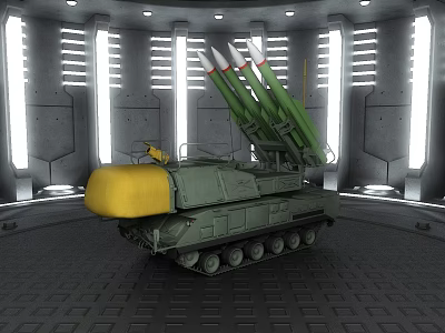 Green Military Functional Vehicle with Missile Launchers Tracked Chassis and Yellow Front 3d model