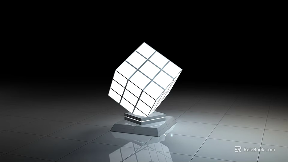 Modern Illuminated Cube Sculpture As Photo Check in Spot With Reflective Floor And Black Background 3d model 