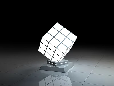 Modern Illuminated Cube Sculpture As Photo Check in Spot With Reflective Floor And Black Background 3d model