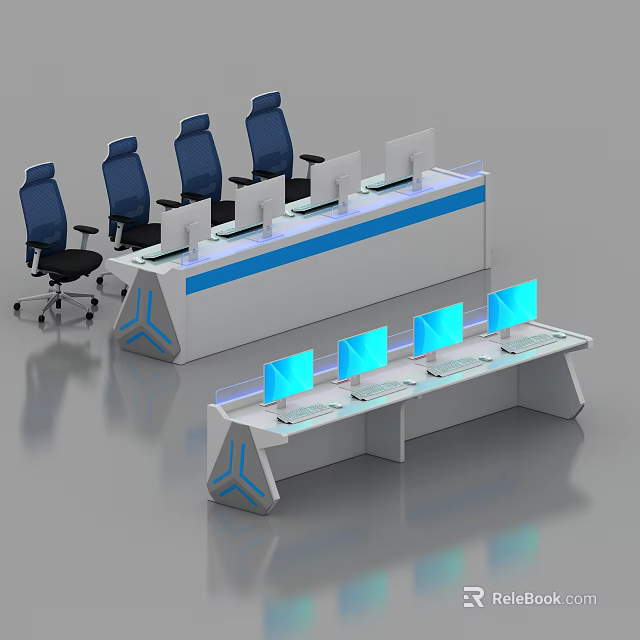 Modern Conference Room With Blue Chairs White Console Desks And Multiple Monitors 3d model 