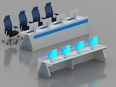 Modern Conference Room With Blue Chairs White Console Desks And Multiple Monitors 3d model