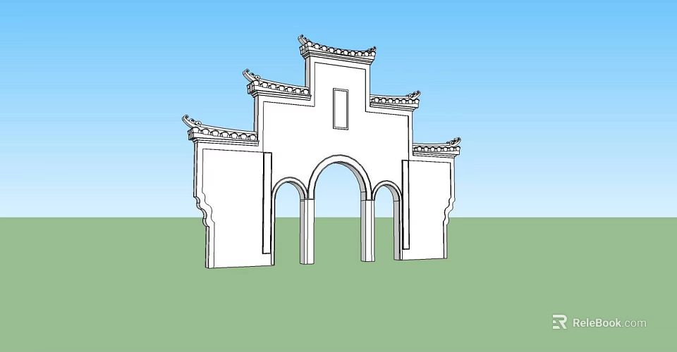 White Traditional Chinese Building Exterior Wall with Arched Doorways and Decorative Eaves 3d model 