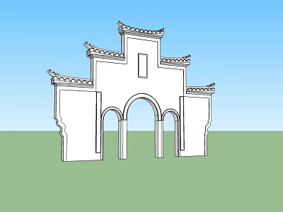 White Traditional Chinese Building Exterior Wall with Arched Doorways and Decorative Eaves 3d model