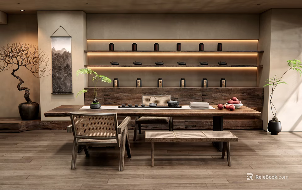 Traditional Tea Room Interior With Wooden Table Chairs Tea Sets On Shelves And Warm Lighting 3d model 