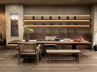 Traditional Tea Room Interior With Wooden Table Chairs Tea Sets On Shelves And Warm Lighting 3d model