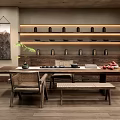 Traditional Tea Room Interior With Wooden Table Chairs Tea Sets On Shelves And Warm Lighting