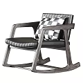 Modern Black Leather Rocking Chair With Wooden Frame and Black White Checkered Pillow