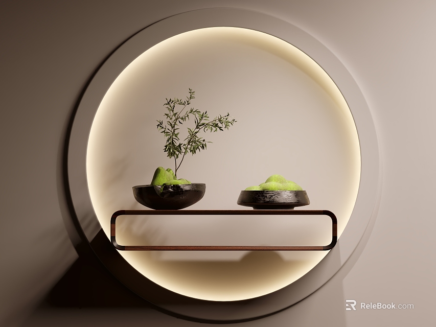 Green Moss in Black Bowls on Wooden Shelf With Circular Background and Soft Lighting 3d model 
