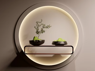 Green Moss in Black Bowls on Wooden Shelf With Circular Background and Soft Lighting 3d model