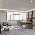 Modern Office Interior Design With Large Windows Desk Sofa And Bookshelves 3d model