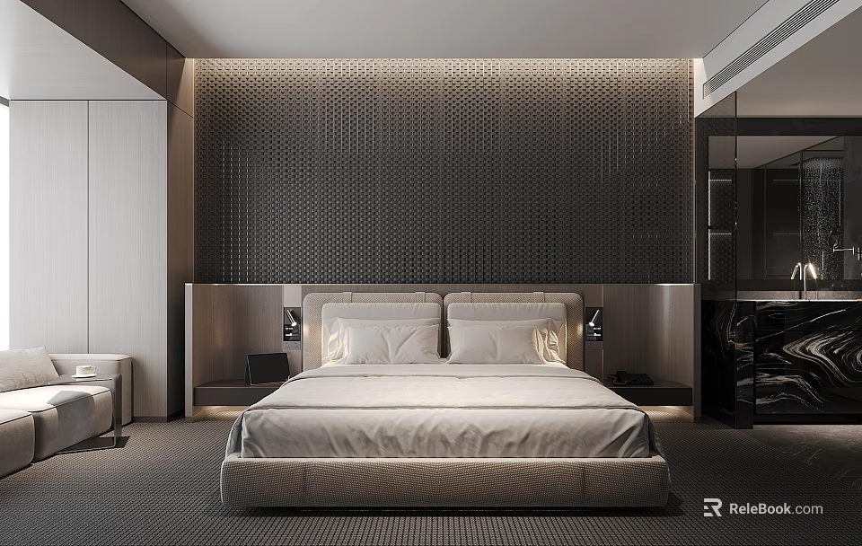 Modern Bedroom Interior With King Size Bed Textured Headboard Wall And Bedside Lamps 3d model 
