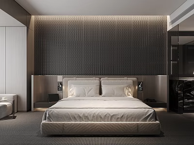 Modern Bedroom Interior With King Size Bed Textured Headboard Wall And Bedside Lamps 3d model