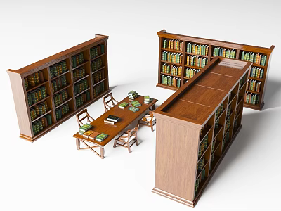 Wooden Bookcase Filled With Books In Study Space With Table And Chairs 3d model