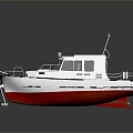 Small Modern White Cabin Boat With Red Bottom Green Railings And Lifebuoy