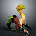 Low Poly Warrior Character With Green Yellow Creature Holding Knife 3d model