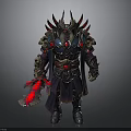 Fantasy Warrior Character With Intricate Armor Horns Weapon And Glowing Red Gems