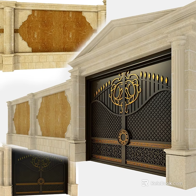 Elegant Wrought Iron Main Gate With Golden Ornate Design And Stone Pillars 3d model 