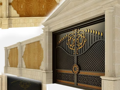 Elegant Wrought Iron Main Gate With Golden Ornate Design And Stone Pillars 3d model