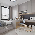 Modern Bedroom Interior With Upholstered Headboard Round Pendant Light Potted Plant And Wardrobe
