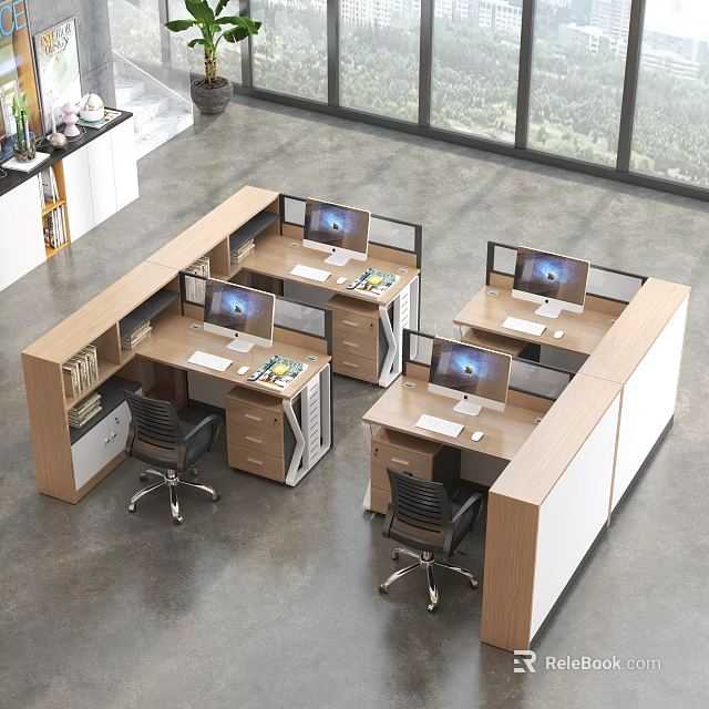 Modern Office Workstations With Multiple Desks Computer Monitors And Storage Drawers 3d model 