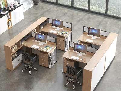 Modern Office Workstations With Multiple Desks Computer Monitors And Storage Drawers 3d model
