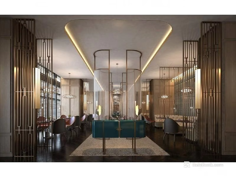 Modern Elegant Restaurant Interior With Wooden Partitions Chandelier Lighting Dining Tables And Area Rug 3d model 