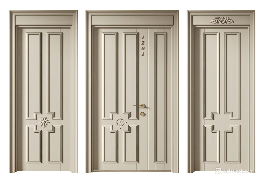 Classic Swing Doors With Decorative Patterns Handle And House Number Design 3d model