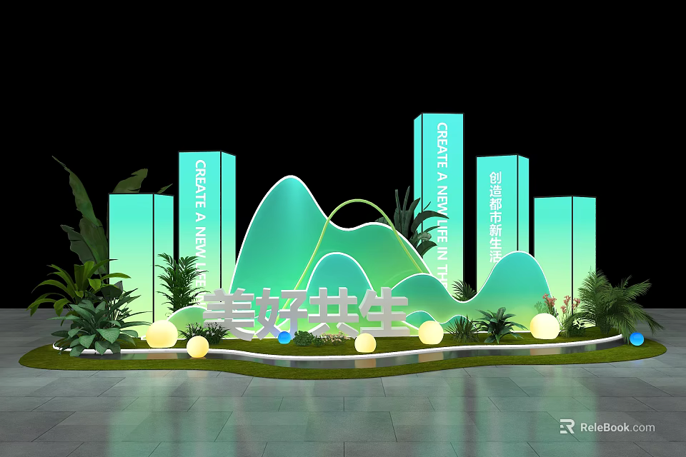 Scenic Harmonious Photo Check-in Spot with Green Mountain Structures Blue Signboards Plants and Round Lights 3d model 