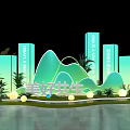 Scenic Harmonious Photo Check-in Spot with Green Mountain Structures Blue Signboards Plants and Round Lights