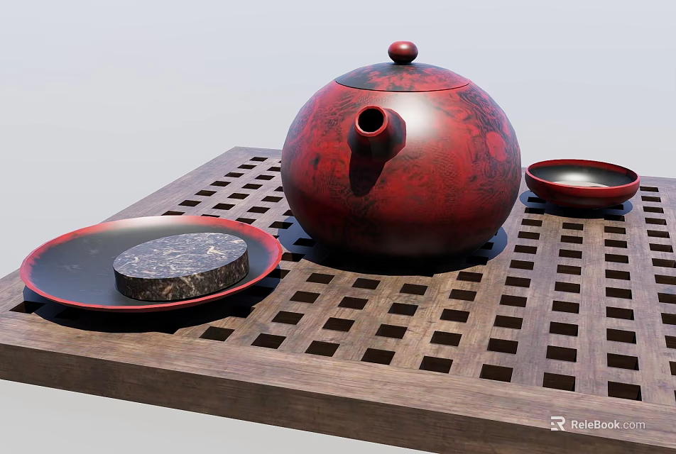 Traditional Red Teapot Tea Set with Wooden Grid Tray Plates and Tea Cake 3d model 