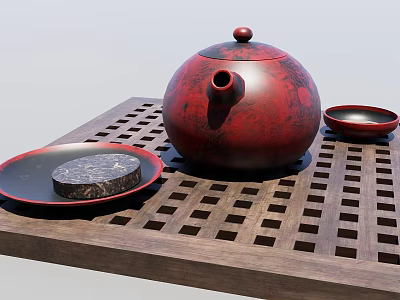 Traditional Red Teapot Tea Set with Wooden Grid Tray Plates and Tea Cake 3d model