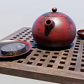 Traditional Red Teapot Tea Set with Wooden Grid Tray Plates and Tea Cake