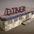 Vintage Diner Building With Weathered White Wooden Walls Dark Roof Red Sign And Windows
