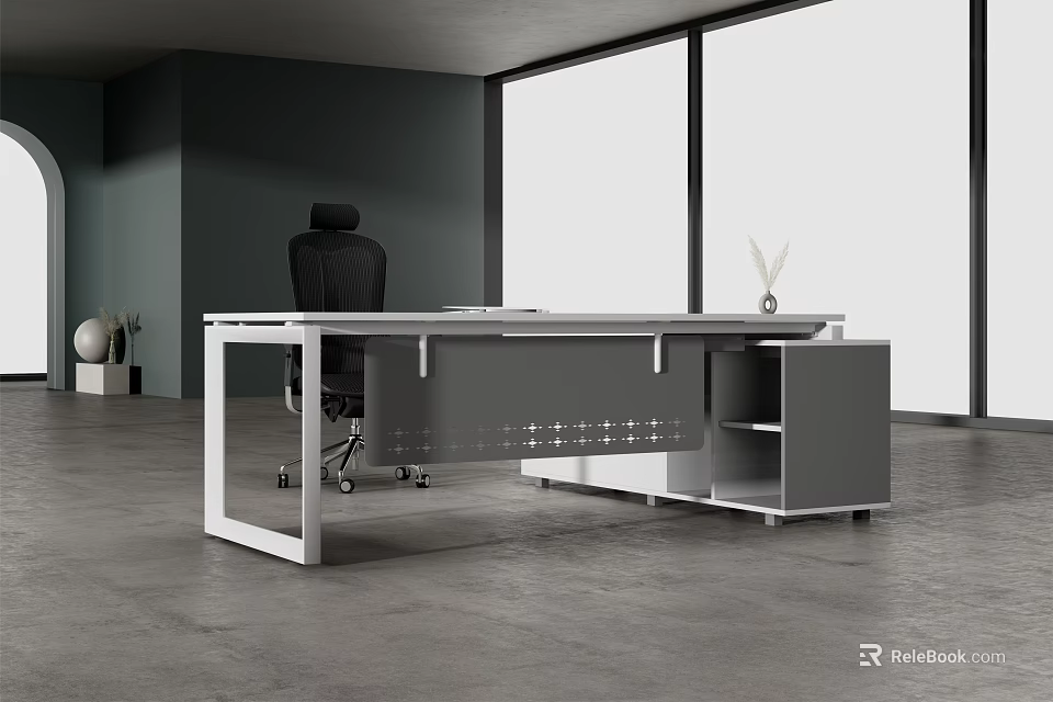 Modern Office Desk With Gray And White Sleek Design Storage Drawers And Office Chair 3d model 