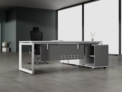 Modern Office Desk With Gray And White Sleek Design Storage Drawers And Office Chair 3d model