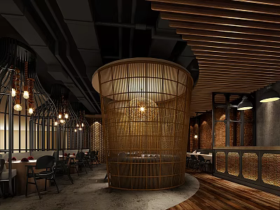 Modern Restaurant Interior With Bamboo Structure Wooden Ceiling Chandeliers And Dining Tables 3d model
