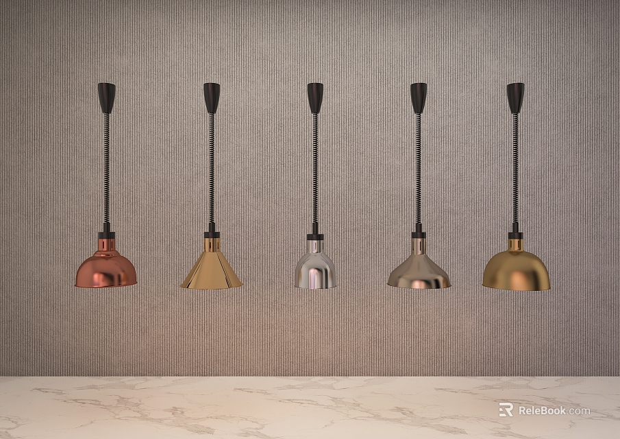 Modern Pendant Lights In Copper Gold Silver Tones With Gray Textured Wall And Marble Countertop 3d model 