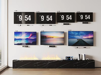 Seven Wall Mounted TV Screens Displaying Time And Scenic Views In Living Room 3d model