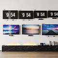 Seven Wall Mounted TV Screens Displaying Time And Scenic Views In Living Room