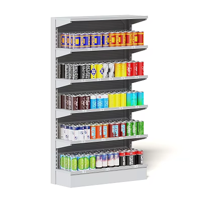 Retail Display Shelf With Various Colorful Beverage Cans Organized On Multiple Layers 3d model