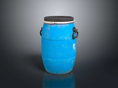 Blue Vintage Barrel With Black Lid And Metal Handles On Dark Surface 3d model