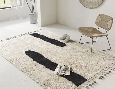 Soft Square Rug With Black Stripes And Fringe In Living Room With Chair And Magazine 3d model