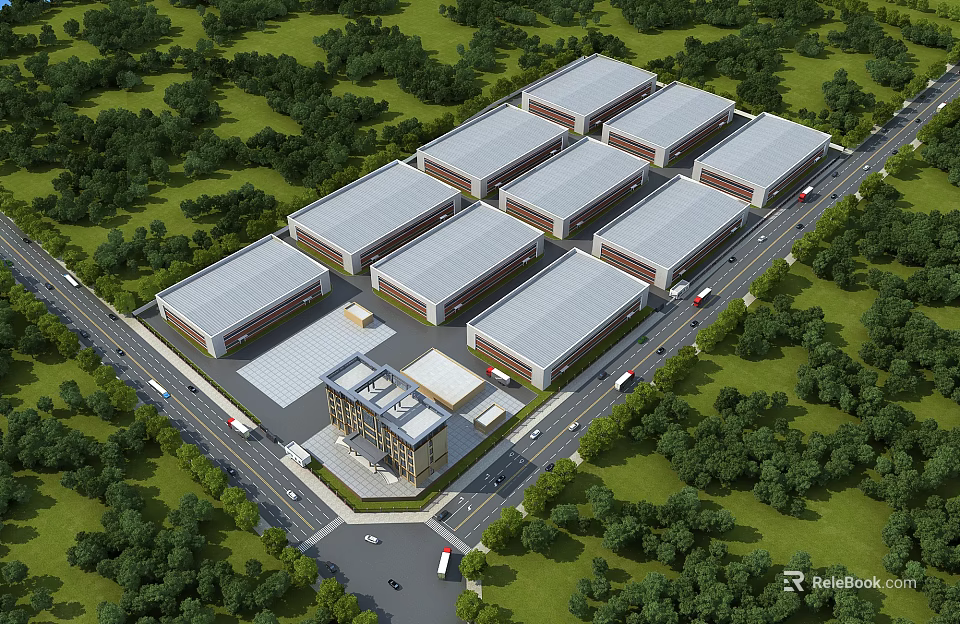 Industrial Warehouse Complex With Multiple Units Surrounded by Lush Greenery and Road Access 3d model