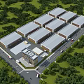 Industrial Warehouse Complex With Multiple Units Surrounded by Lush Greenery and Road Access 3d model