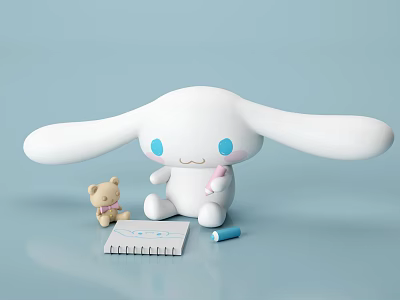 White Long Eared Game Character With Blue Eyes Small Teddy Bear Notebook And Blue Pen 3d model