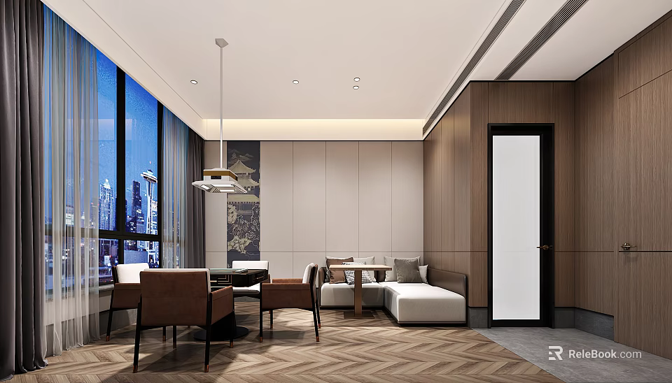 Modern Private Dining Room With Large Windows City View And Herringbone Flooring 3d model