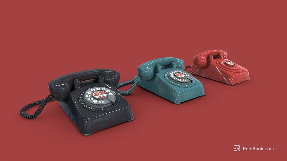 Vintage Rotary Phones Black Blue Red Retro Design Dial Features Digital Communication 3d model 