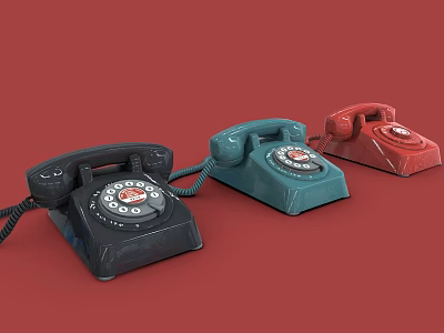 Vintage Rotary Phones Black Blue Red Retro Design Dial Features Digital Communication 3d model