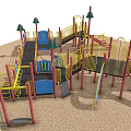 Colorful Playground Equipment With Slides Steps Yellow Railings And Tree Decorations